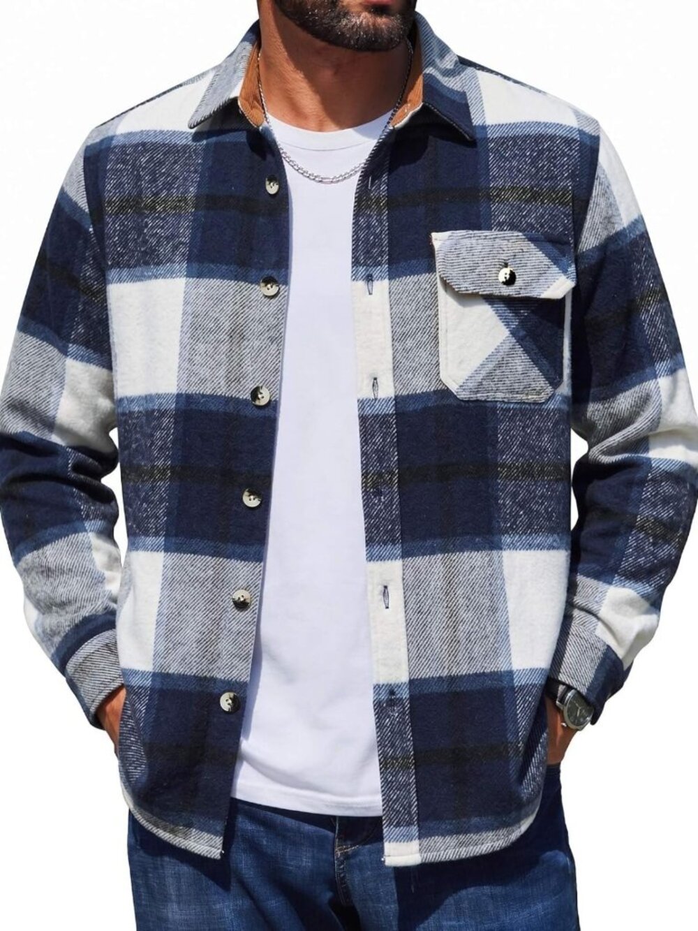 Stylish Men's Flannel Shirt Jacket - Long Sleeve Plaid Button Down Top